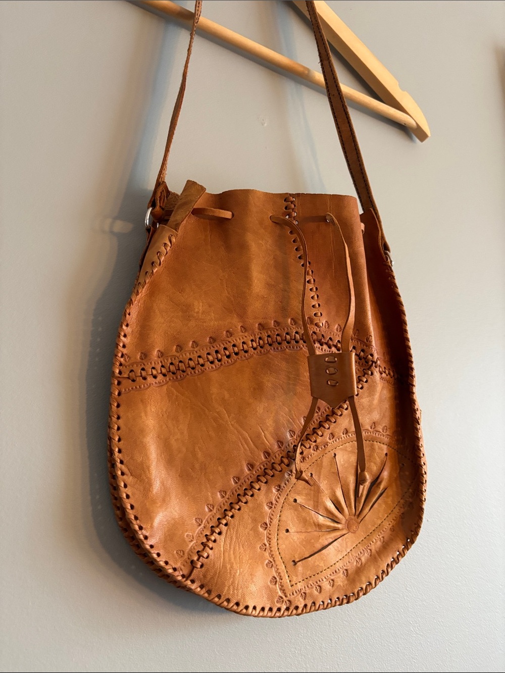 Handcrafted Tan Leather Drawstring Shoulder Bag